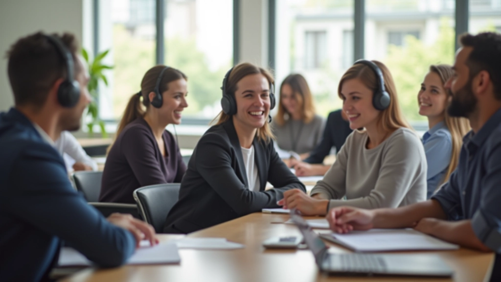 Alunos adultos em sala de treino de pronúncia, usando headphones para exercícios auditivos interativos