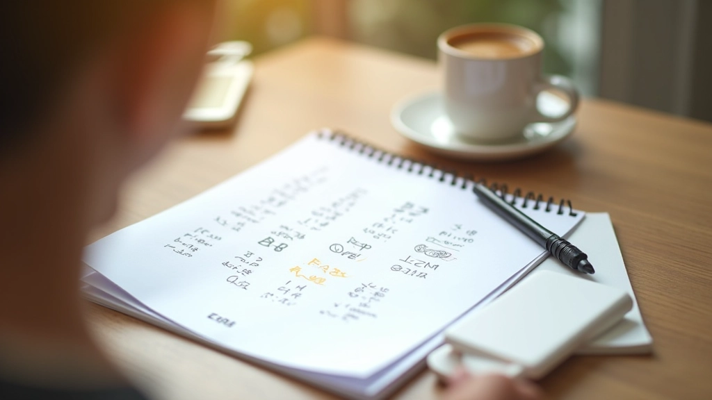 Notas de fonética inglesa em caderno aberto ao lado de café quente